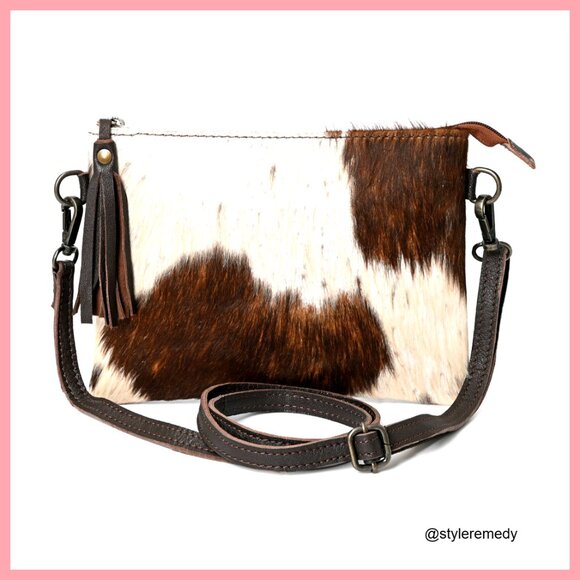 Genuine cowhide hair on crossbody bag with adjustable detachable strap